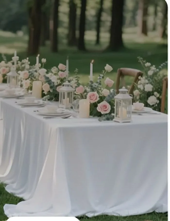 Table des mariés drapée de blanc en extérieur, roses poudrées, lanternes et bougies