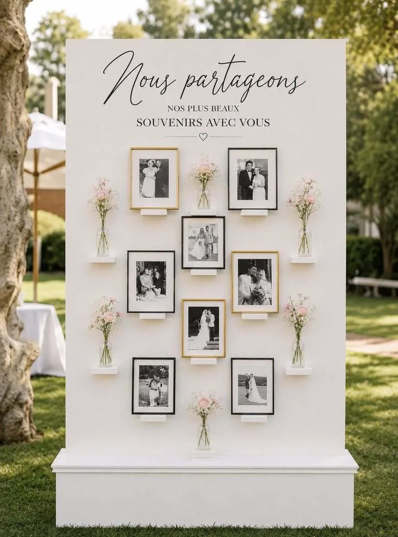 Mur à souvenirs : panneau avec photos encadrées et fioles de fleurs