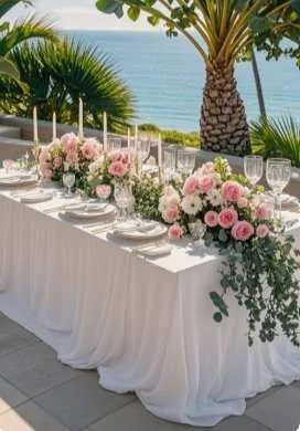 Table des mariés drapée de blanc, chemin de roses poudrées et verdure