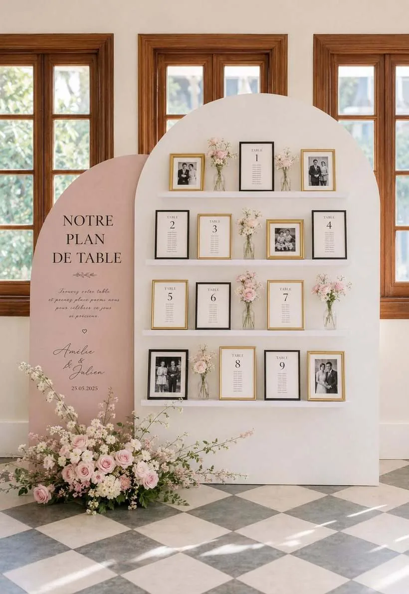 Plan de table : grande arche, cadres photos, fioles et fleurs poudrées