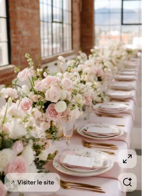 Exemple d'ambiance Rose Poudré Signature autour de 2 000 € : longue table fleurie de roses poudrées