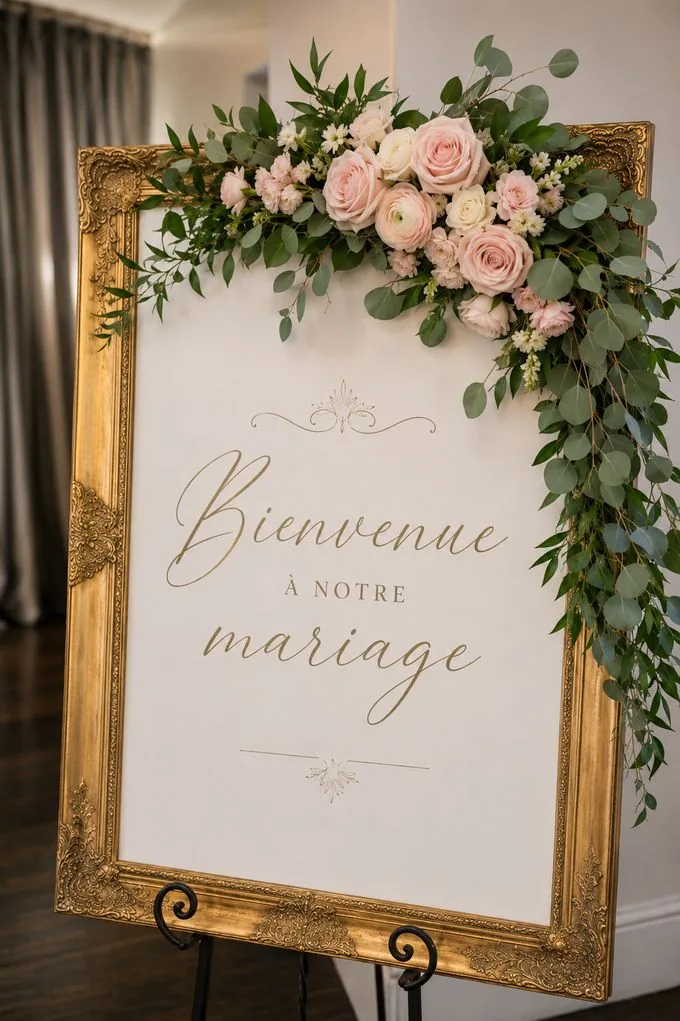 Panneau de bienvenue cadre doré, calligraphie Bienvenue à notre mariage, roses poudrées et eucalyptus