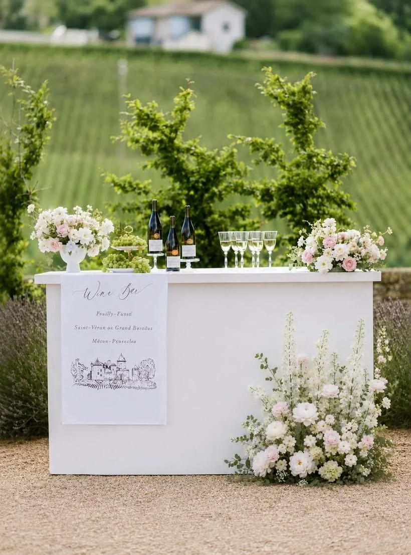 Bar d'accueil blanc fleuri de roses poudrées, devant un vignoble