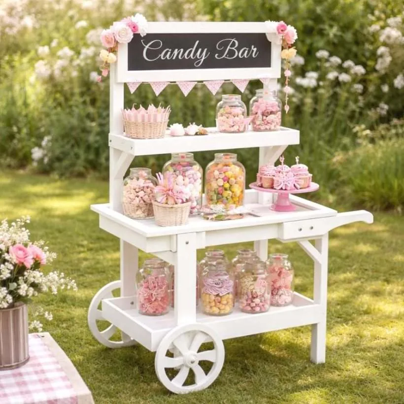 Candy bar : chariot blanc garni de sucreries roses et fleurs